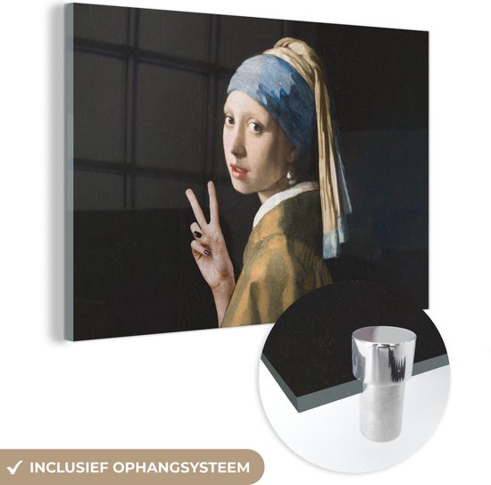 MuchoWow® Glasschilderij 120x80 cm - Schilderij acrylglas - Meisje met de parel - Johannes Vermeer - Peace - Foto op glas - Schilderijen