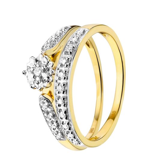 Lucardi Dames Dubbele ring 20 diamanten 0,10ct - Ring - Cadeau - 14 Karaat  Goud - Geelgoud | bol.com
