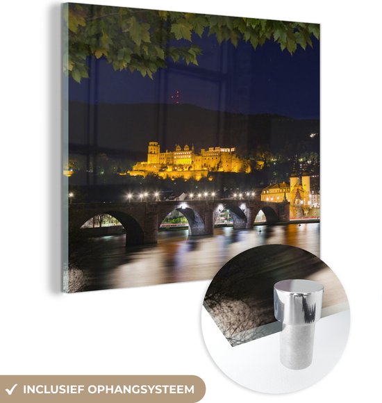 MuchoWow® Glasschilderij 90x90 cm - Schilderij acrylglas - Slot Heidelberg in de nacht - Foto op glas - Schilderijen