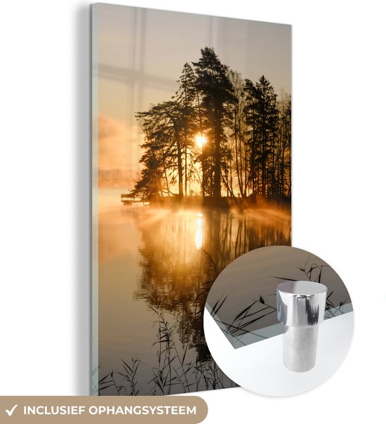 MuchoWow® Glasschilderij 40x60 cm - Schilderij acrylglas - Herfst - Zon - Water - Foto op glas - Schilderijen