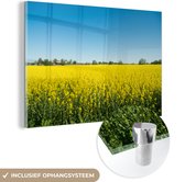MuchoWow® Glasschilderij 150x100 cm - Schilderij acrylglas - Oliezaad - Geel - Lente - Foto op glas - Schilderijen