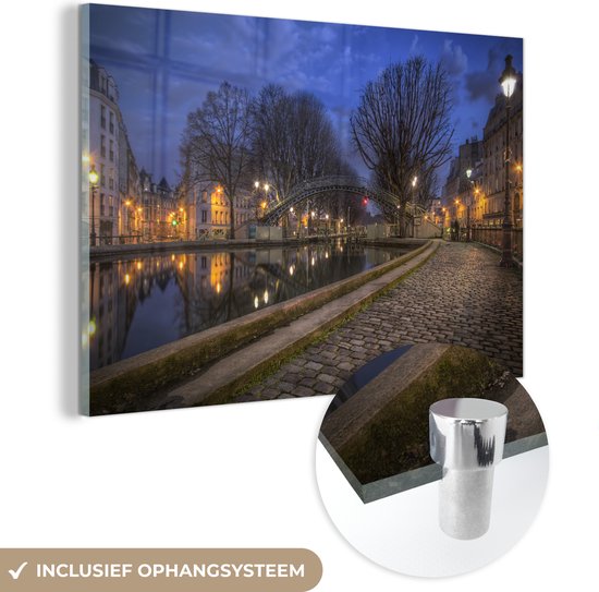MuchoWow® Glasschilderij 150x100 cm - Schilderij acrylglas - Parijs - Nacht - Bomen - Foto op glas - Schilderijen