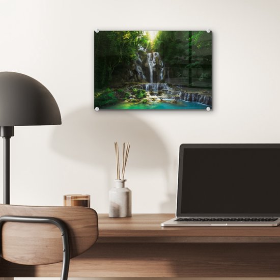 MuchoWow® Peinture sur verre 30x20 cm - Peinture sur verre acrylique - Cascade - Soleil - Arbres - Photo sur verre - Peintures