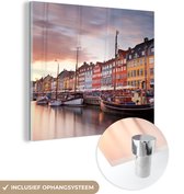 MuchoWow® Glasschilderij 50x50 cm - Schilderij acrylglas - Zonsondergang in Nyhavn Kopenhagen - Denemarken - Foto op glas - Schilderijen