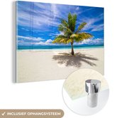 MuchoWow® Glasschilderij 30x20 cm - Schilderij acrylglas - Kokospalm op het zand bij Moorea in Oceanië - Foto op glas - Schilderijen