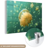 MuchoWow® Glasschilderij 180x120 cm - Schilderij acrylglas - Kwal - Geel - Meer - Foto op glas - Schilderijen