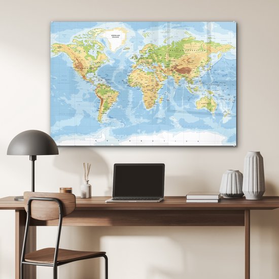 Tableau sur Verre - Carte du Wereldkaart - Géographie - Atlas - 120x80 cm - Peintures sur Verre Peintures - Photo sur Glas