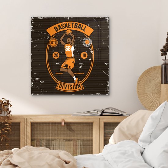 MuchoWow® Peinture sur verre 50x50 cm - Peinture sur verre acrylique - Mancave - Basketbal - Sport - Vintage - Oranje - Photo sur verre - Peintures