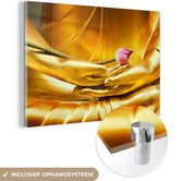 MuchoWow® Glasschilderij 60x40 cm - Schilderij acrylglas - Boeddha - Bloem - Goud - Foto op glas - Schilderijen