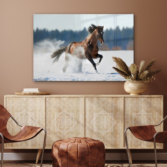 MuchoWow® Peinture sur verre 120x80 cm - Peinture sur verre acrylique - Cheval - Neige - Hiver - Photo sur verre - Peintures