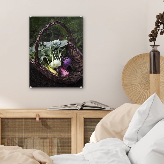 Chou-rave coloré dans un panier tressé Plexiglas 30x40 cm - petit - Tirage photo sur Glas (décoration murale en plexiglas)