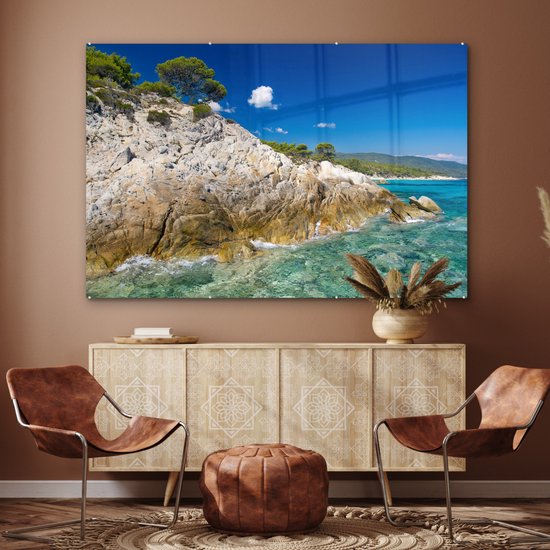 MuchoWow® Peinture sur verre 180x120 cm - Peinture sur verre acrylique - Mer - Falaise - Été - Tropical - Photo sur verre - Peintures