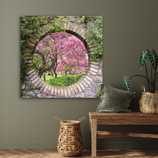 MuchoWow® Peinture sur Verre - Voir à Travers - Sakura - Fleur - Japonais - 90x90 cm - Peintures sur Verre Acrylique - Photo sur Glas