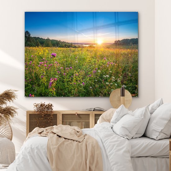 MuchoWow® Peinture sur verre 160x120 cm - Peinture sur verre acrylique - Soleil - Herbe - Fleurs - Photo sur verre - Peintures
