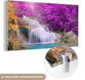 MuchoWow® Glasschilderij 120x60 cm - Schilderij acrylglas - Waterval - Bomen - Regenboog - Paars - Foto op glas - Schilderijen