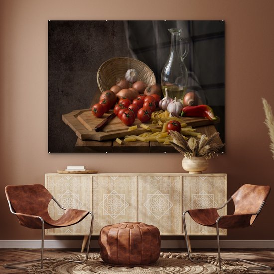 MuchoWow® Peinture sur verre 160x120 cm - Peinture sur verre acrylique - Planche à découper - Légume - Nature morte - Pâtes - Off - Tomate - Planche à découper - Photo sur verre - Peintures