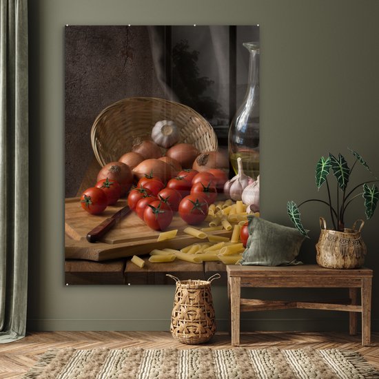 MuchoWow® Tableau sur verre 120x160 cm - Tableau sur verre acrylique - Planche à découper - Légume - Nature morte - Pâtes - Oignon - Tomate - Planche à découper - Photo sur verre - Décoration murale salon - Décoration murale chambre - Peintures