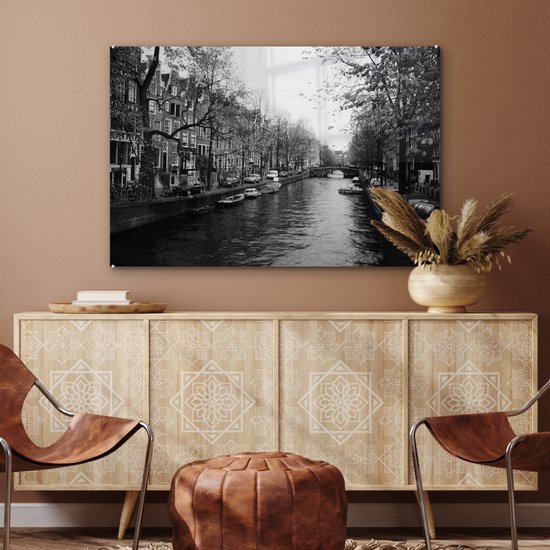 Peinture sur Verre - Canal d'Amsterdam - Zwart - Wit - 120x80 cm - Peintures sur Verre Peintures - Photo sur Glas