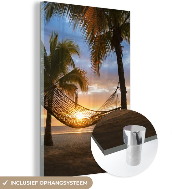 MuchoWow® Glasschilderij 80x120 cm - Schilderij acrylglas - Hangmat op het Caribische strand - Foto op glas - Schilderijen