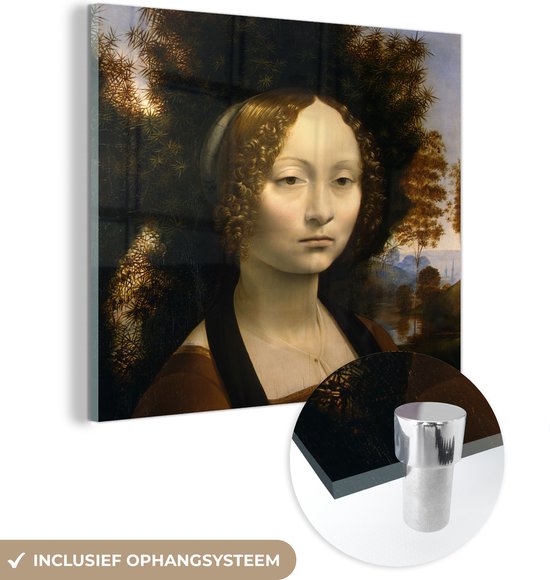 MuchoWow® Glasschilderij 50x50 cm - Schilderij acrylglas - Ginevra de' Benci - Leonardo da Vinci - Foto op glas - Schilderijen