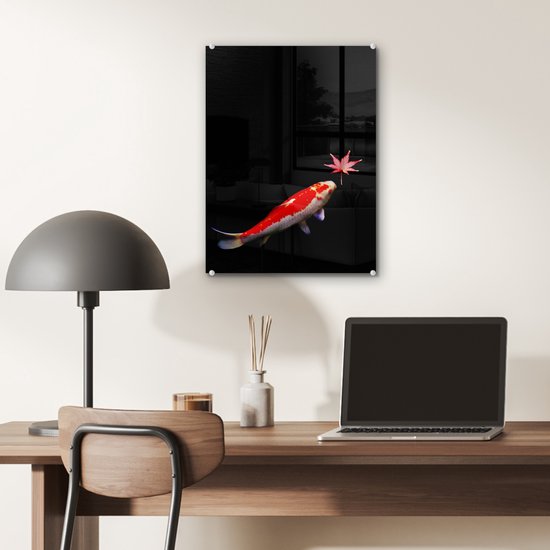 Peinture sur verre - Une carpe koï avec un étang sombre feuille d'érable - 30x40 cm - Peintures sur Verre Peintures - Photo sur Glas