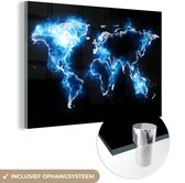 MuchoWow® Glasschilderij 60x40 cm - Schilderij acrylglas - Wereldkaart - Blauw - Zwart - Foto op glas - Schilderijen