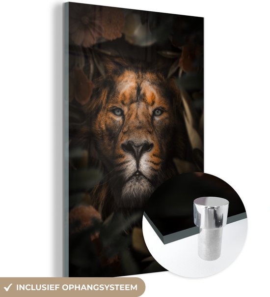MuchoWow® Glasschilderij 40x60 cm - Schilderij acrylglas - Leeuw - Jungle - Zwart - Foto op glas - Schilderijen