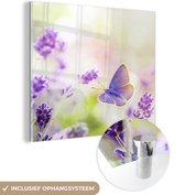 MuchoWow® Glasschilderij 20x20 cm - Schilderij acrylglas - Lavendel - Vlinder - Bloemen - Foto op glas - Schilderijen