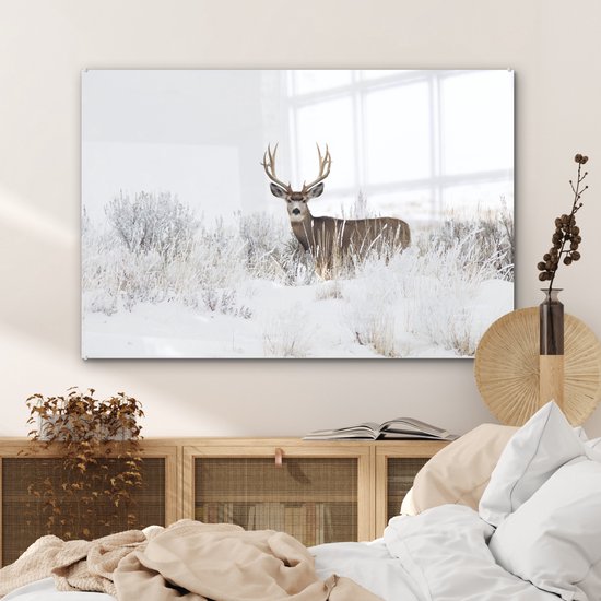 MuchoWow® Peinture sur Verre - Cerf - Hiver - Neige - Animaux - Saisons - Wit - 90x60 cm - Peintures sur Verre Peintures - Photo sur Glas