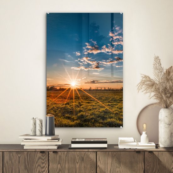 MuchoWow - Peinture sur verre - Photo sur verre - Herbe - Coucher de soleil - Nuages ​​- Nature - 40x60 cm - Décoration murale - Verre acrylique - Peinture nature - Peinture sur verre