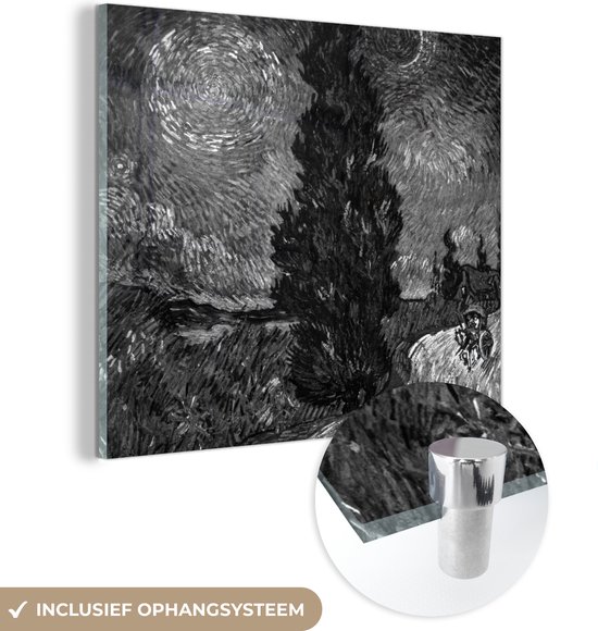 MuchoWow® Glasschilderij 50x50 cm - Schilderij acrylglas - Weg met cipres en ster - Vincent van Gogh - Foto op glas - Schilderijen