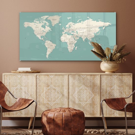 MuchoWow® Peinture sur verre 120x60 cm - Peinture sur verre - Wereldkaart - Blauw - Atlas - Photo sur verre acrylique - Peintures