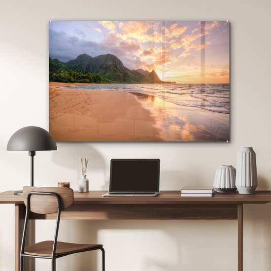 MuchoWow® Glasschilderij 120x80 cm - Schilderij acrylglas - Strand - Hawaï - Lucht - Foto op glas - Schilderijen