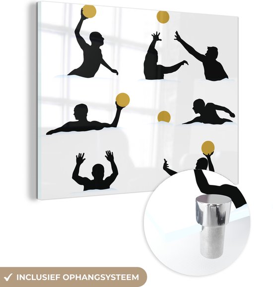 MuchoWow® Glasschilderij 160x120 cm - Schilderij acrylglas - Een silhouet illustratie van een waterpolo speler - Foto op glas - Schilderijen