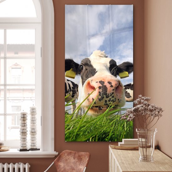 MuchoWow® Peinture sur verre 80x160 cm - Peinture sur verre acrylique - Vache - Ferme - Herbe - Animaux - Photo sur verre - Peintures