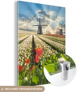 MuchoWow® Glasschilderij 30x40 cm - Schilderij acrylglas - Windmolen - Tulpen - Lucht - Natuur - Foto op glas - Schilderijen