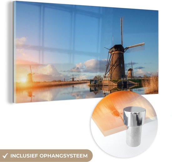 MuchoWow® Glasschilderij 40x20 cm - Schilderij acrylglas - Windmolen - Water - Zon - Foto op glas - Schilderijen