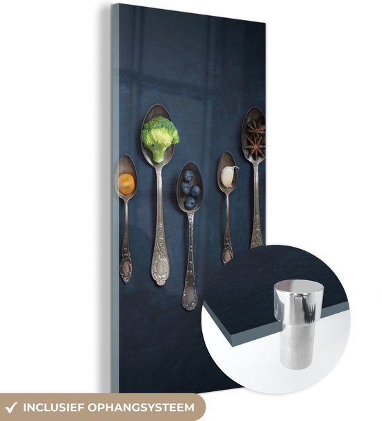 MuchoWow® Peinture sur verre 40x80 cm - Peinture sur verre acrylique - Herbes - Cuillère - Argent - Épices - Industriel - Photo sur verre - Peintures