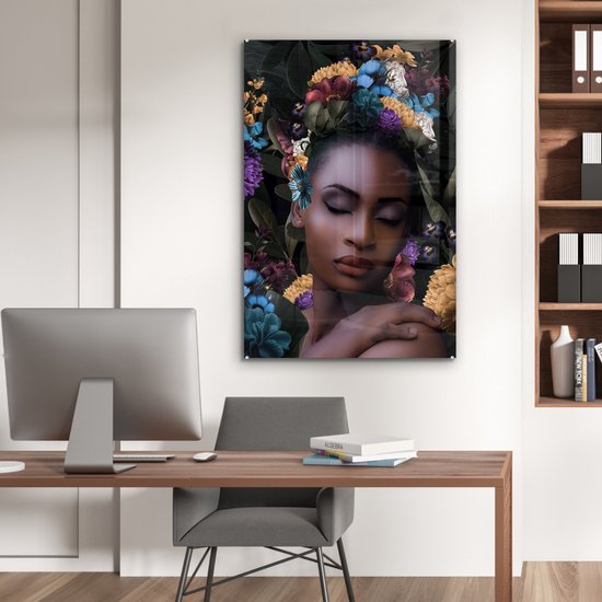 Peinture sur verre - Fleurs - Feuilles - Femmes - 60x90 cm - Peintures Plexiglas