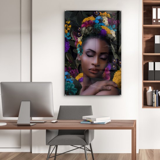 Peinture sur verre - Feuilles - Femme - Fleurs - 60x90 cm - Peintures Plexiglas