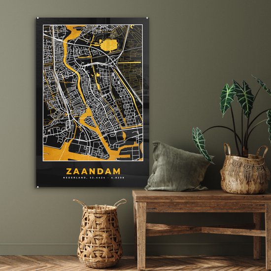 MuchoWow® Peinture sur verre 60x90 cm - Peinture acrylique sur verre - Plan - Zaandam - Or - Zwart - Photo sur verre - Peintures - Plan de ville