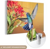 MuchoWow® Glasschilderij 90x60 cm - Schilderij acrylglas - Vogel - Kolibrie - Bloemen - Foto op glas - Schilderijen