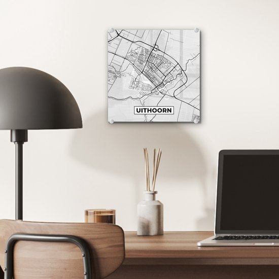Peinture sur Verre - Carte de la Ville - Uithoorn - Grijs - Wit - 20x20 cm - Peintures sur Verre Peintures - Photo sur Glas - Carte
