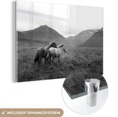 MuchoWow® Glasschilderij 30x20 cm - Schilderij acrylglas - Paarden - Gras - Bergen - Foto op glas - Schilderijen
