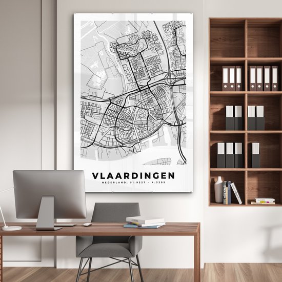 MuchoWow® Peinture sur verre 100x150 cm - Peinture sur verre acrylique - Plan de la ville - Vlaardingen - Grijs - Wit - Photo sur verre - Peintures - Carte