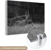MuchoWow® Glasschilderij 150x100 cm - Schilderij acrylglas - Grazend hert - zwart wit - Foto op glas - Schilderijen