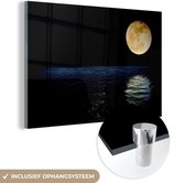 MuchoWow® Glasschilderij 150x100 cm - Schilderij acrylglas - Maan - Zee - Nacht - Foto op glas - Schilderijen