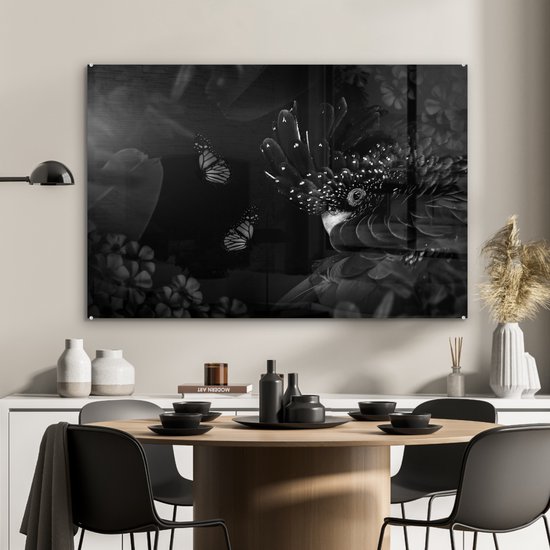 Glasschilderij - Jungle - Vogel - Vlinder - Bloemen - 90x60 cm - Acrylglas Schilderijen - Foto op Glas - Slaapkamer decoratie