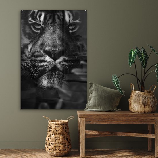 Peinture sur verre - Gros plan d'un tigre dans la jungle - noir et blanc - 80x120 cm - Peintures sur Verre Peintures - Photo sur Glas
