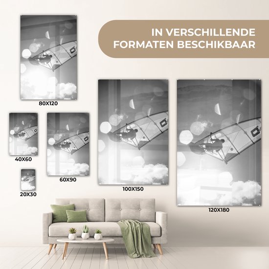 MuchoWow® Peinture sur verre 20x30 cm - Peinture sur verre acrylique - Une planche à voile fait un saut - noir et blanc - Photo sur verre - Peintures